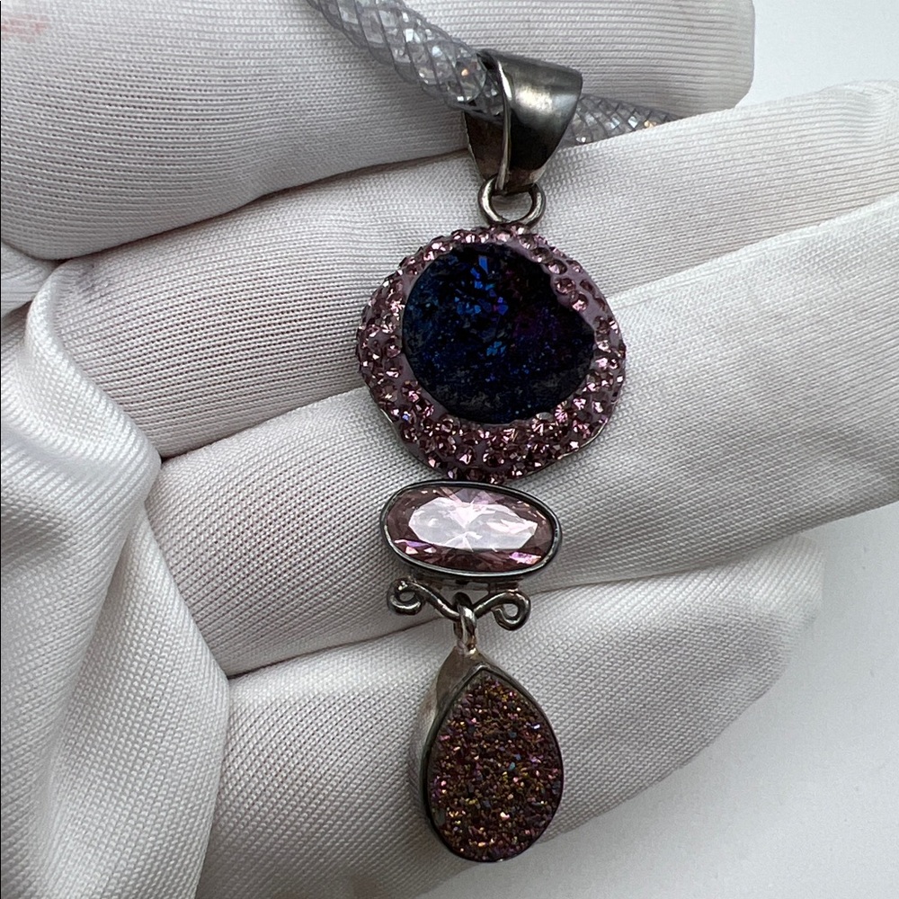 Elegant Drusy, Titanium & Rose Quartz Iridescent Crystal Mesh Tube Necklace NIB - Picture 11 of 17
